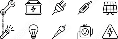 Electrical repair icons set, power tools equipment electricity symbols vector illustration collection design