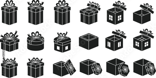 Cartoon illustrated gift box silhouettes collection featuring ribbons bows decorative packaging open closed designs creative holiday celebration artwork scene