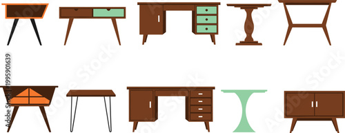 Cartoon illustrated furniture collection including tables desks cabinets drawers wardrobe minimalist modern creative colorful home interior artwork scene