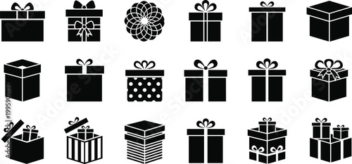 Cartoon illustrated gift box silhouettes collection featuring ribbons bows decorative patterns creative holiday celebration present artwork festive scene