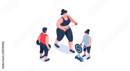 Isometric illustration of people exercising with fitness equipment in a gym.