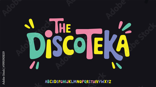 The diskoteka font display featuring multicolored bubble letters in pink, yellow, green, and blue against a dark background, with decorative accents, and a full, alphabet character set, shown at the