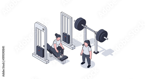 Isometric Illustration of People Exercising with Gym Equipment.