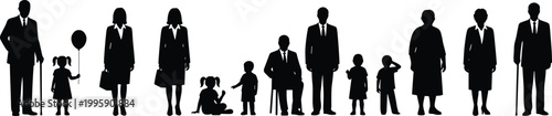 Cartoon illustrated human life stages silhouettes showing childhood adulthood elderly progression creative aging people artwork timeline concept scene