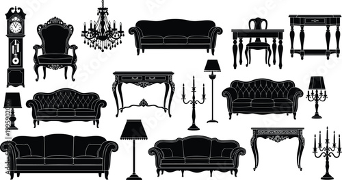 Cartoon illustrated vintage furniture silhouettes including sofas armchairs tables chandeliers lamps clock creative elegant antique home interior artwork scene