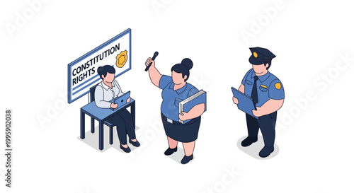 Isometric Illustration of People Discussing Constitution Rights and Law Enforcement.
