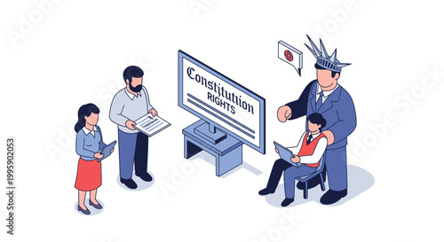 Isometric illustration of people discussing constitutional rights and freedoms.