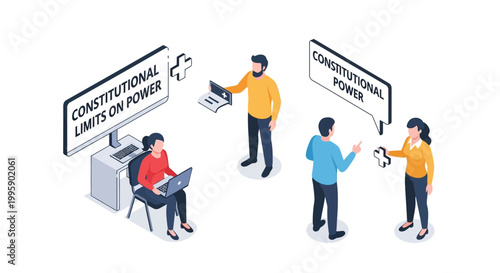 Isometric Illustration of People Discussing Constitutional Power and Limits.