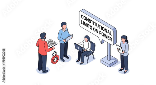 Isometric Illustration of People Discussing Constitutional Limits on Power.
