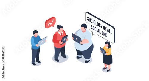 Isometric illustration of people discussing sociology and social concepts.