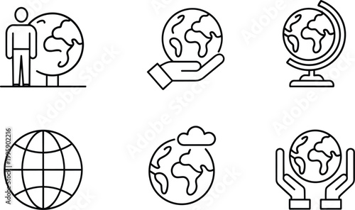 Global earth icons set, world care protection geography symbols vector illustration collection design