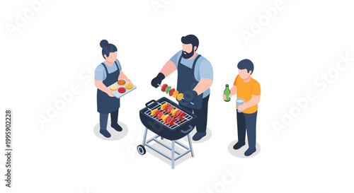 Isometric Illustration of People Enjoying a Barbecue Outdoors with Food.