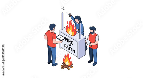 Isometric Illustration of People Engaging in a Religious Ceremony with Fire.