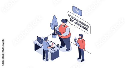 Isometric illustration of people discussing sustainable living and ecological perspectives.
