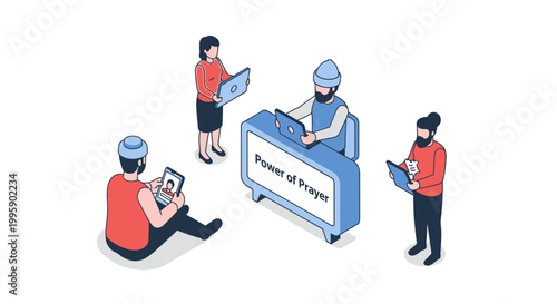 Isometric Illustration of People Engaging in Prayer and Reflection.