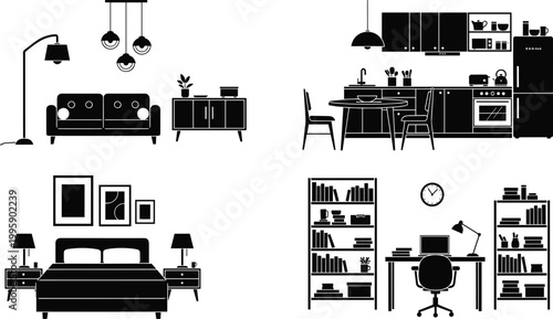 Modern minimalist home interior silhouette collection featuring living room kitchen bedroom and home office workspace icons for architectural design and real estate vector projects