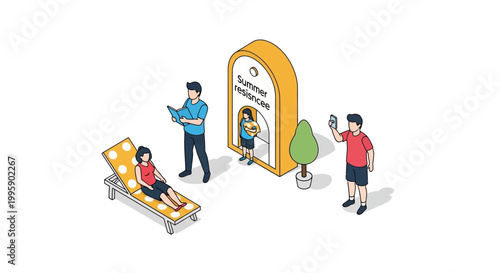 Isometric illustration of people enjoying leisure activities outdoors on a sunny day.