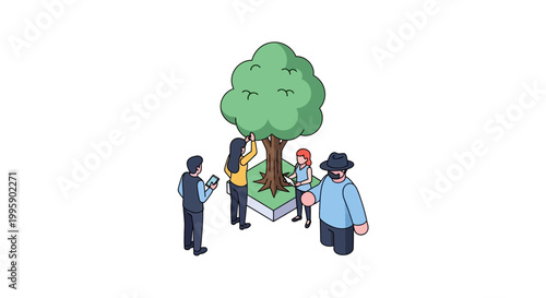 Isometric Illustration of People Examining a Lush Green Tree.
