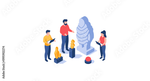 Isometric Illustration of People Examining Ancient Artifacts in Museum.