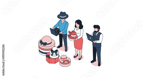 Isometric Illustration of People Examining Gift Boxes and Hats.