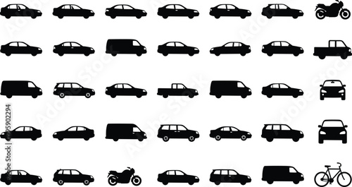 Set of various black vehicle silhouettes including sedan cars SUVs delivery vans motorcycles and bicycle isolated on white background for transportation design