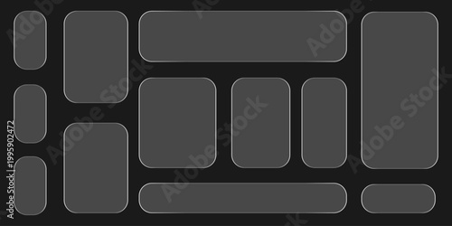 Liquid glass banner ui kit with various shapes and text placeholders on dark transparent.