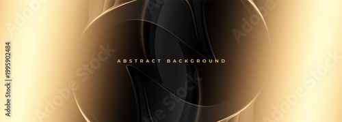 Black and gold abstract background showcasing flowing metallic ribbons and subtle glow, luxury atmosphere with satin gradients, elegant curves, and opulent texture perfect for gala invitations.
