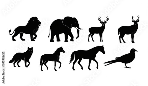 Black animal silhouettes vector set with wildlife collection isolated on white background