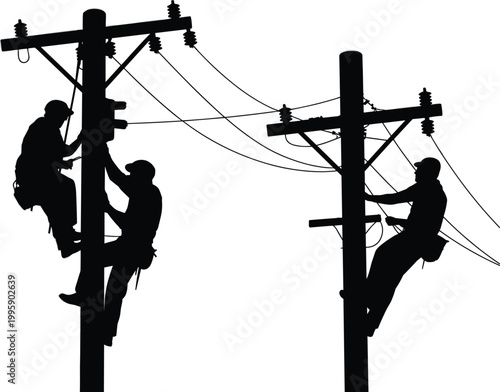 electricians working on power lines silhouette vector illustration, utility workers maintenance electricity infrastructure repair service design