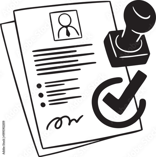 Resume document with stamp and check mark representing approval or verification simple vector illustration for recruitment concepts