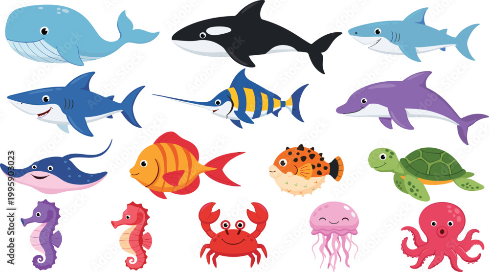 Obraz premium Colorful Cartoon Sea Animal Collection Featuring Whale, Sharks, Dolphin, Turtle, Fish, Crab, Octopus, Seahorse, Jellyfish, and Stingray for Kids Design Projects.