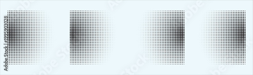 Halftone gradient dot pattern set for modern design backgrounds and print effects. Abstract circle and square panels with fade, mesh, and noise textures in vibrant colors. Editable vector textures for