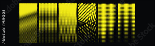 Halftone gradient dot pattern set for modern design backgrounds and print effects. Abstract circle and square panels with fade, mesh, and noise textures in vibrant colors. Editable vector textures for