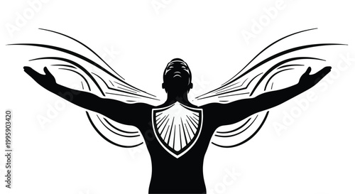 Empowered silhouette reaching upwards with outstretched arms, symbolizing strength and freedom.