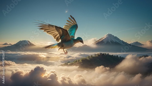 Bird Flying Above Cloudy Mountains