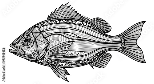 Intricate Line Art Fish Illustration - Decorative Marine Animal
