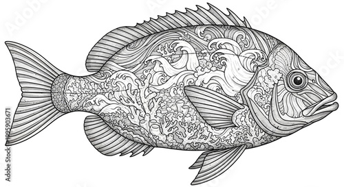 Intricate Fish Illustration with Ocean Wave Patterns