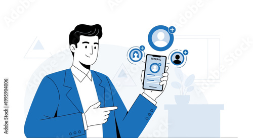 Man showing smartphone with social network contacts and connection icons