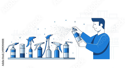 Man spraying aerosol can, surrounded by cleaning spray bottles, hygiene concept