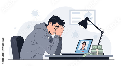 Man stressed working from home, financial worries, video call with boss, pandemic concept