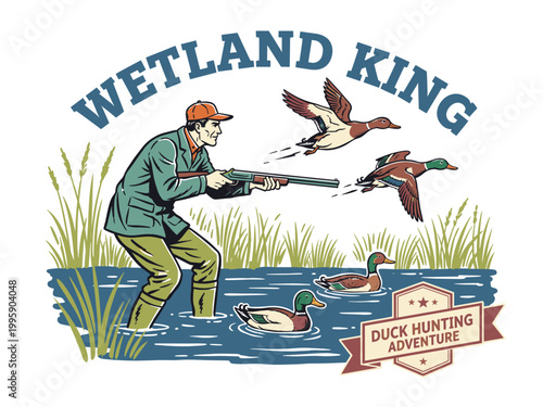 Duck hunting illustration. Wetland king vintage artwork for t shirt. Hunter with shotgun graphic. Wild duck adventure design. Retro outdoor apparel.