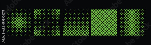 Halftone gradient dot pattern set for modern design backgrounds and print effects. Abstract circle and square panels with fade, mesh, and noise textures in vibrant colors. Editable vector textures for