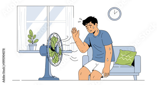 Man sweating and fanning himself in hot room with fan, feeling uncomfortable