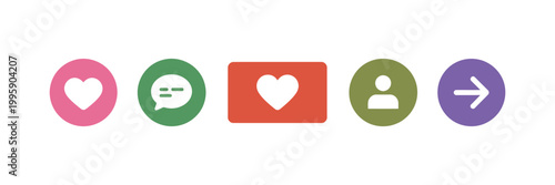 Social media reaction icon vector set featuring like, love, heart, thumbs up, comment, share, save, repost, and stories UI buttons