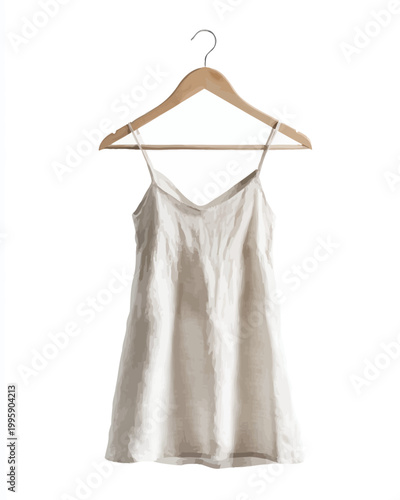 White linen dress on wooden hanger against neutral background