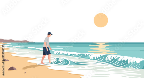 Man walking on beach, gentle waves, sunny day, ocean reflection