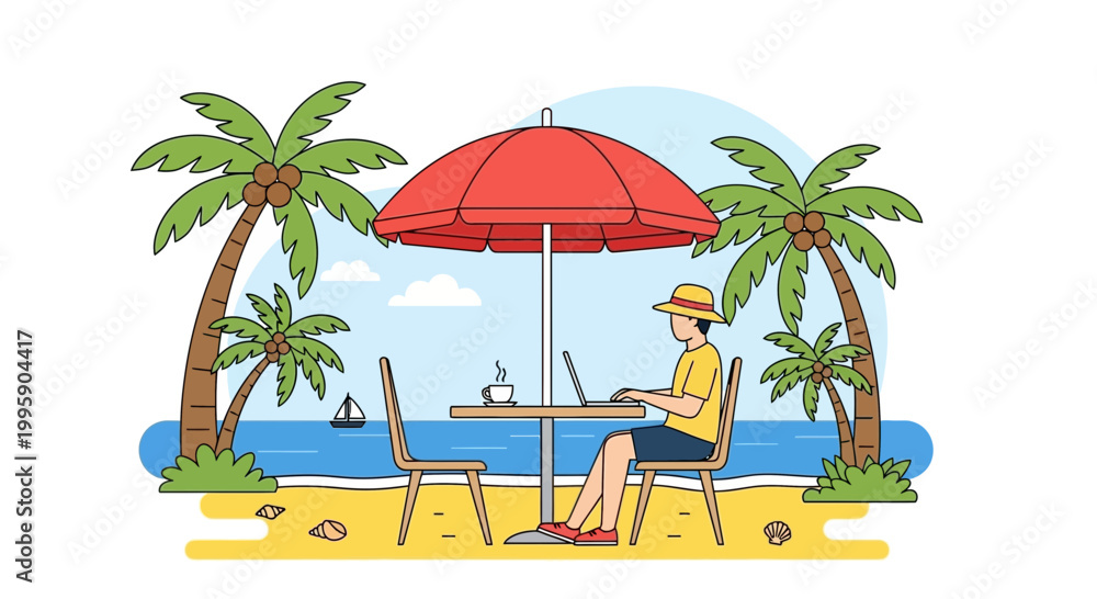 Obraz premium Man working on laptop on tropical beach under umbrella with palm trees and ocean view