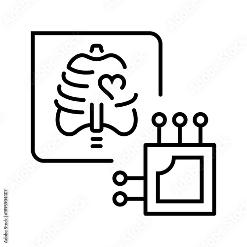 Ai chest xray icon. Healthcare and radiology line symbol. Black and white.