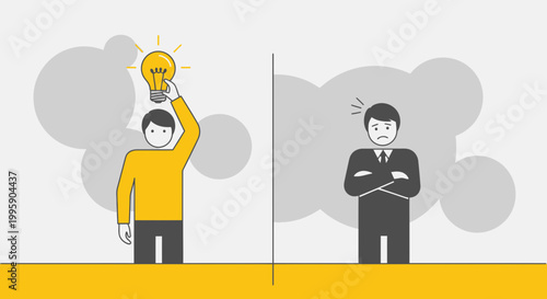 Man with bright idea vs frustrated man in business concept