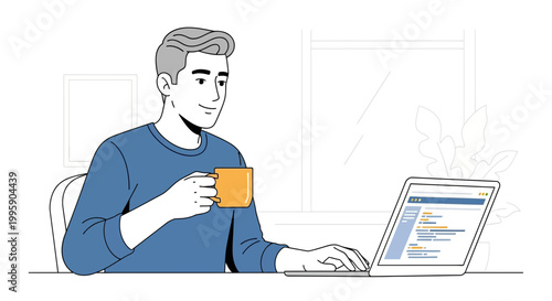 Man Working on Laptop While Drinking Coffee at Home Office Desk